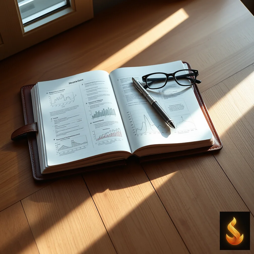 An organized desk with analytical journals and notes, representing structured frameworks used to audit leadership blind spots and decision logs.