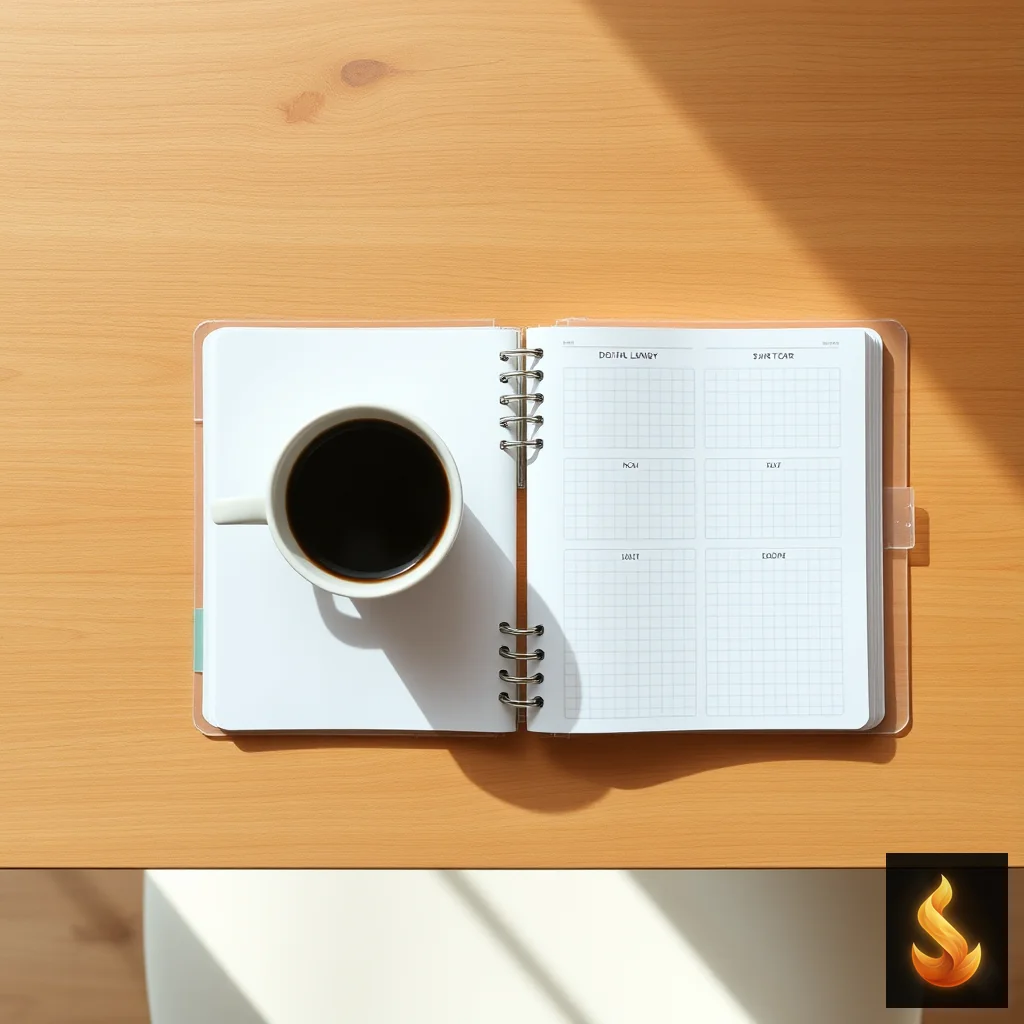An open grid planner and coffee cup on a wooden table representing a structured framework for cognitive evaluation.