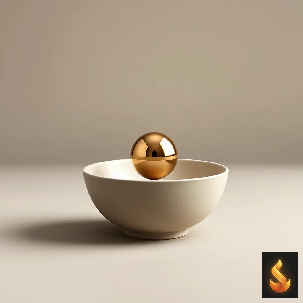 A balanced sphere in a ceramic bowl representing internal arousal regulation and cognitive balance.