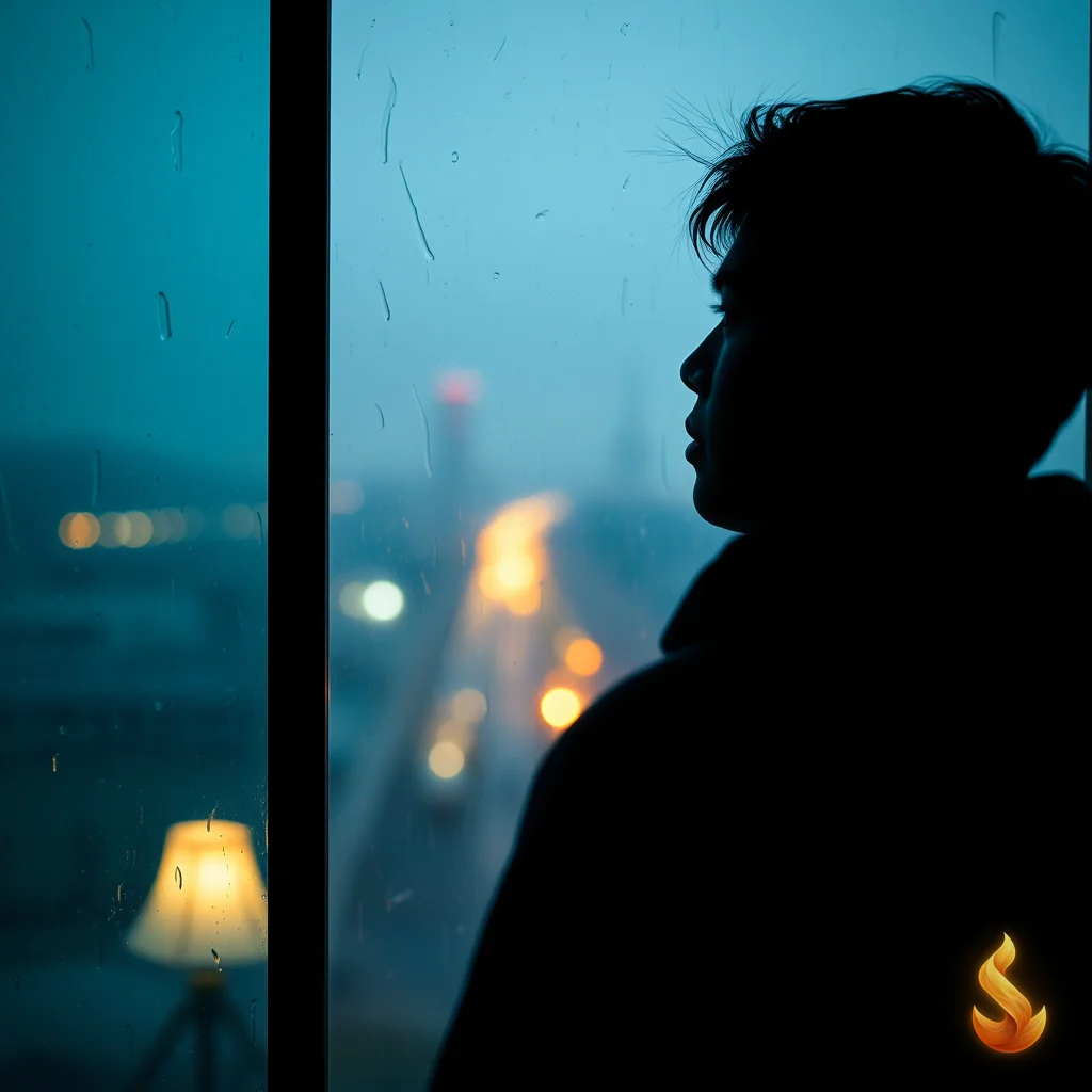 A contemplative person looking out a window on a rainy evening, symbolizing emotional defense and interpersonal distance.