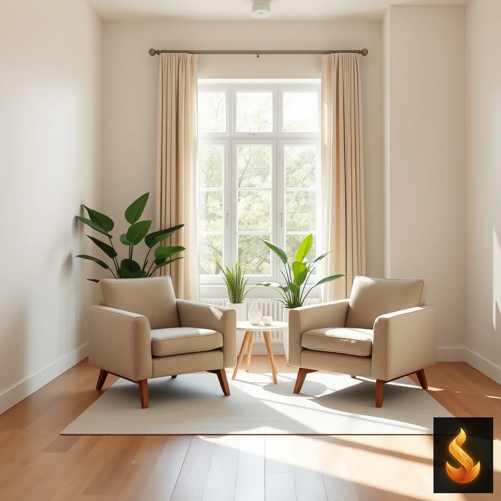 A serene, sunlit room with comfortable chairs representing calm spaces for honest relational communication.
