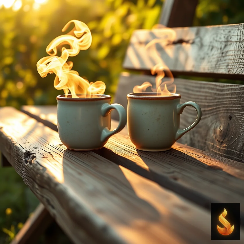Two mugs on a wooden bench representing social support networks and emotional resilience in recovery.