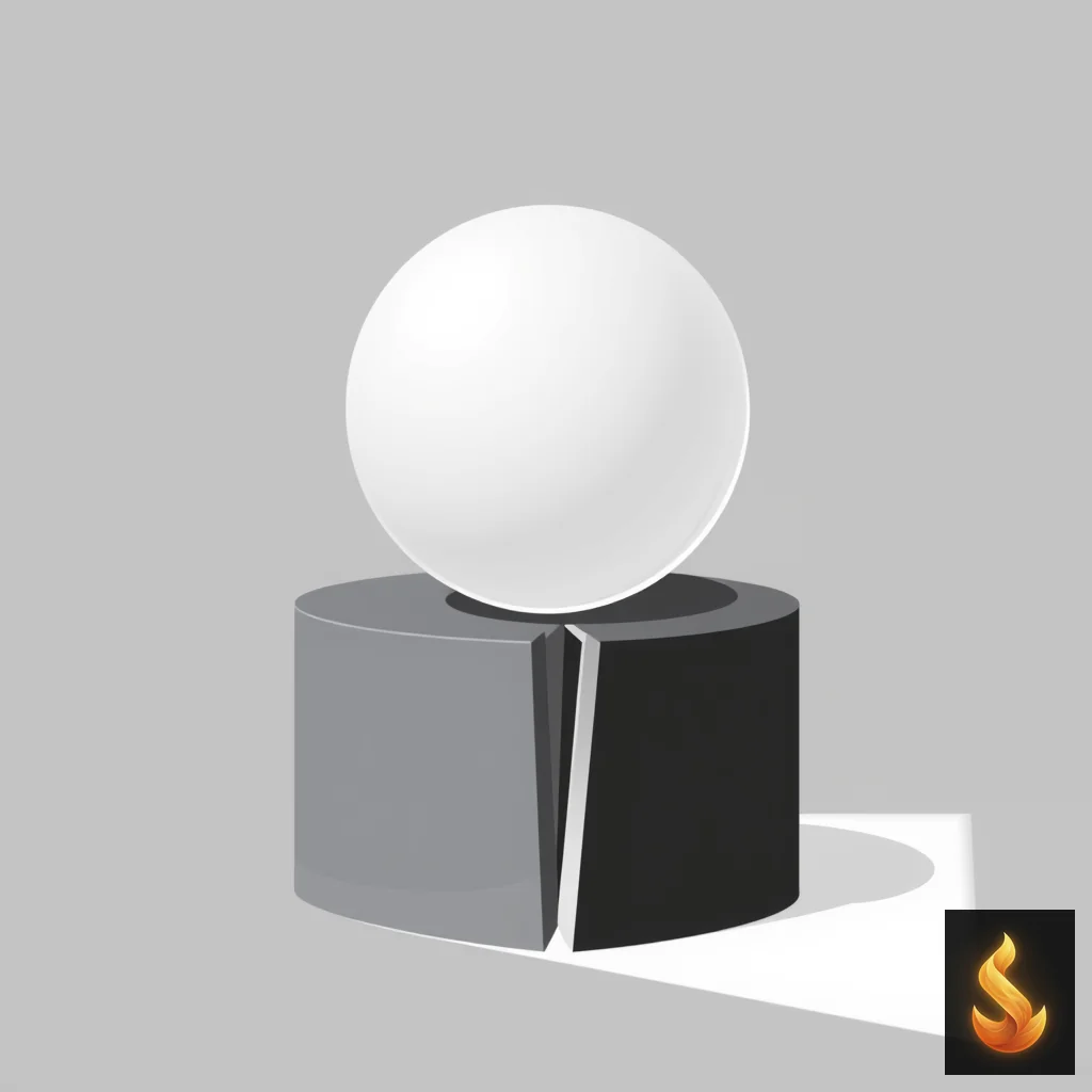 A minimalist illustration of a fractured pedestal representing the rigid cognitive split between absolute safety and threat.