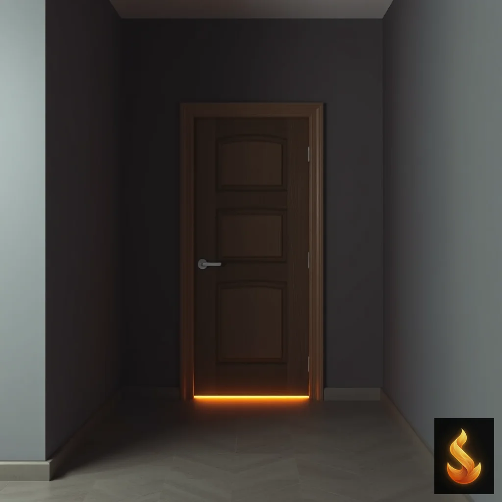 A closed door with light underneath, representing the subtle warning signs of an approaching emotional storm.