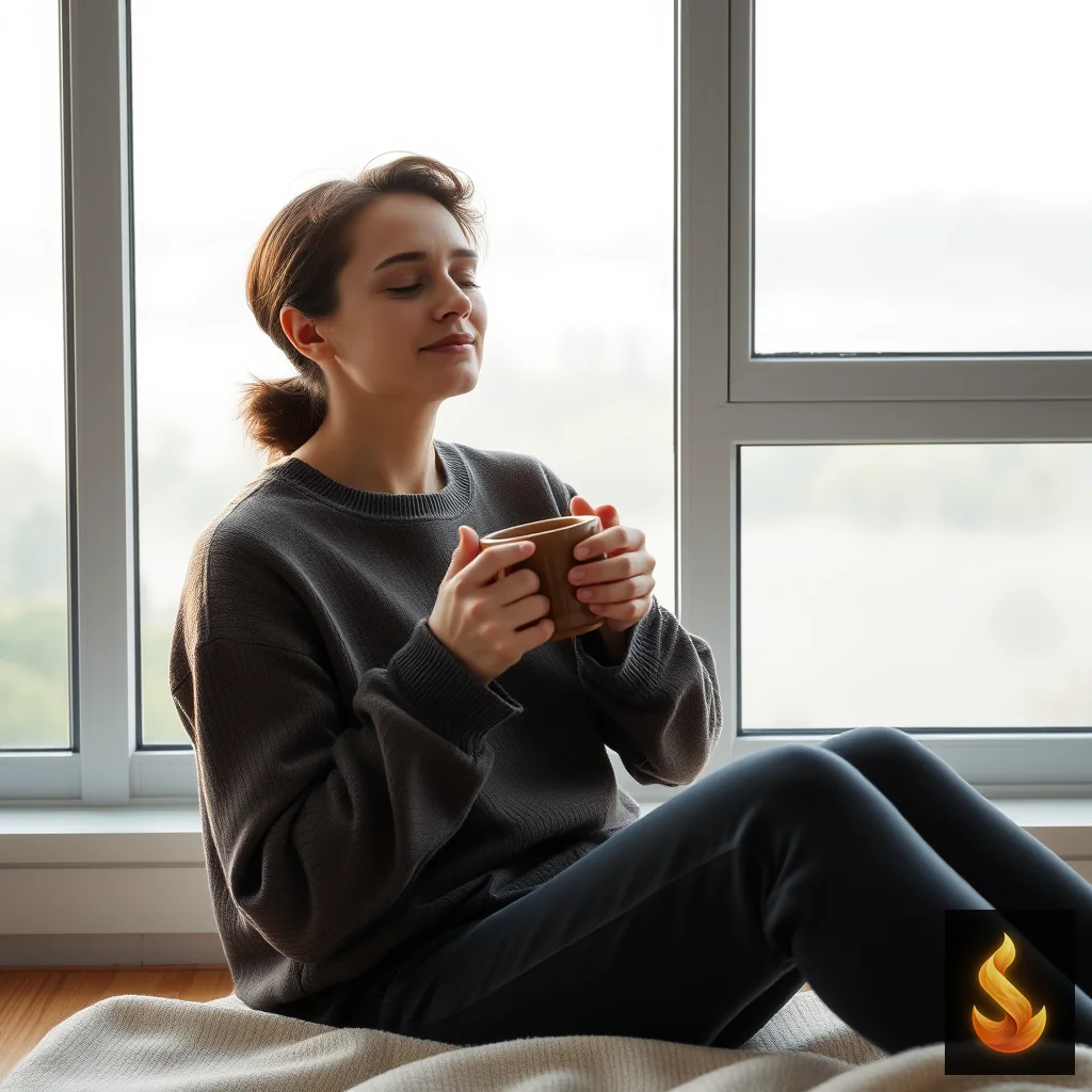 A person holding a warm mug by a window in quiet morning light, illustrating genuine nervous system calm and safety.