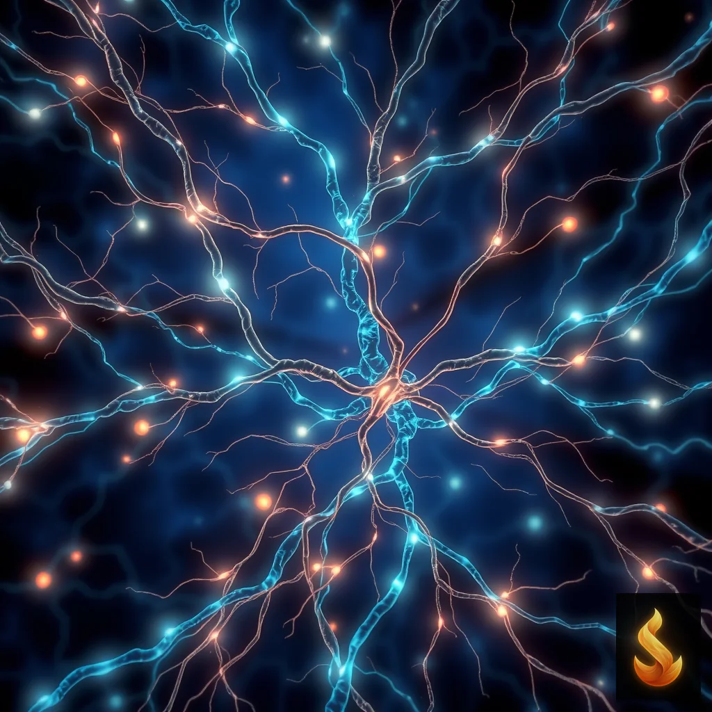 An abstract representation of neural pathways glowing in the dark, illustrating how chronic stress reshapes the developing brain.