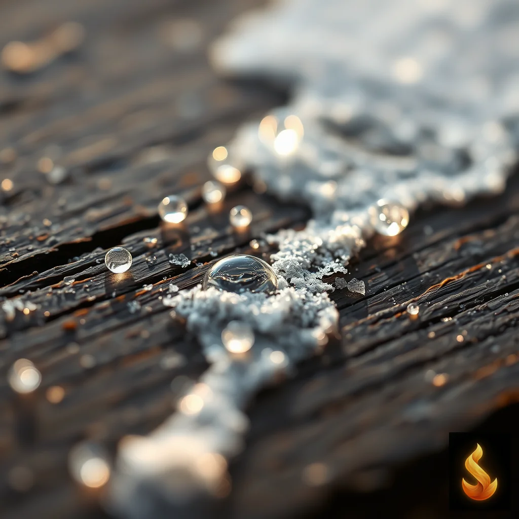 Morning frost melting into water droplets on a dark wooden surface, representing the delicate somatic transition of the thaw phase.