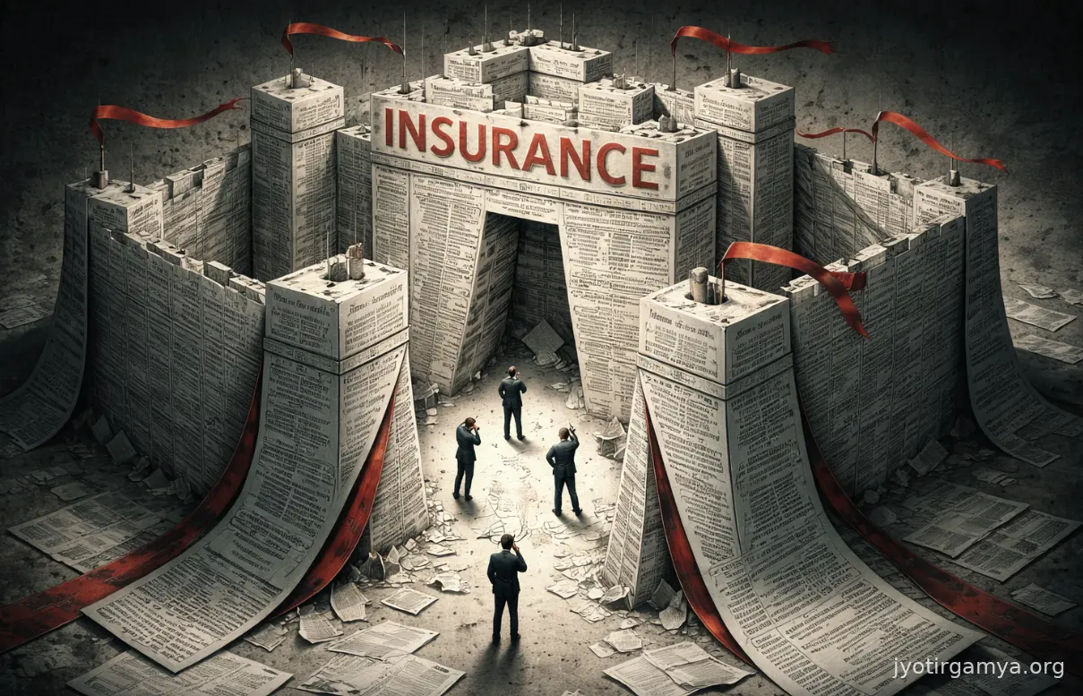 An insurance company fortress built from fine print and legal documents